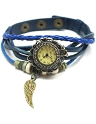 Blue Leather Antique Gold Bronze feather with Wood Beads Bohemian Bracelet wrist watch 7" to 8 1/4"