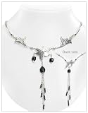 Anti-Tarnish Sterling Silver 17 Necklace with Leaves, Flowers, and Black Onyx Beads