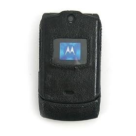 Motorola Razr V3 V3c V3i V3m Black Leather Wrapped Snap-on Crystal Case Cover with Removable Ratcheting Belt Clip