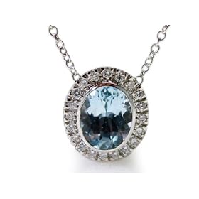 18K White Gold 16 Cable-Chain Oval-Shape Aquamarine Color-Stone Necklace, Set... by I.Reiss