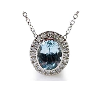14K White Gold 16 Cable-Chain Oval-Shape Aquamarine Color-Stone Necklace, Set... by