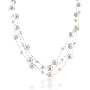 Bling Jewelry Bridal 925 Silver Freshwater Pearl Illusion Three Strand Necklace 16in