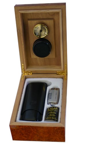 Colibri Burlwood Cider Humidor  Crossfire Cigar Quantum Lighter and Leather Cigar Pouch HUD041000G Gift Set
