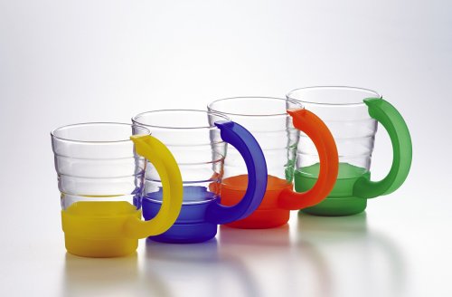 Jenaer Glas Trinkglas mit Kunstoffgriff CENTRIC - 0,2 l 12 x blau, je 4 x gelb, orange und grün im Display