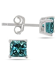 3/4 Carat Princess Cut Blue Diamond Solitaire Earrings in 14K White Gold