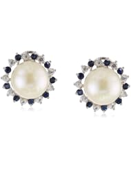 Sterling Silver White Freshwater Cultured Pearl with Created White and Blue Sapphire Earrings