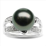 Size 5 18K white gold Leah Black Tahitian south sea cultured pearl and diamond ring