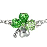 18k Gold Plated Swarovski Crystal Heart Shaped Four Leaf Clover Chain Bracelet - Peridot Green