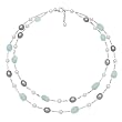 925 Sterling Silver 18 Inch White Freshwater Pearl and Aquamarine Two Row Tin Cup Necklace QN-10766-AM in Gift Box