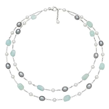 925 Sterling Silver 18 Inch White Freshwater Pearl and Aquamarine Two Row Tin Cup Necklace QN-10766-AM in Gift Box
