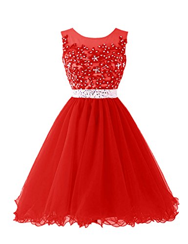 Dressystarレディース ワンピース ショート丈 ラウンドネック チュール　ふわふわドレス ビーズ付く　Aライン ウェディングドレス　結婚式二次会パーティー　披露宴ワンピ　デートドレス