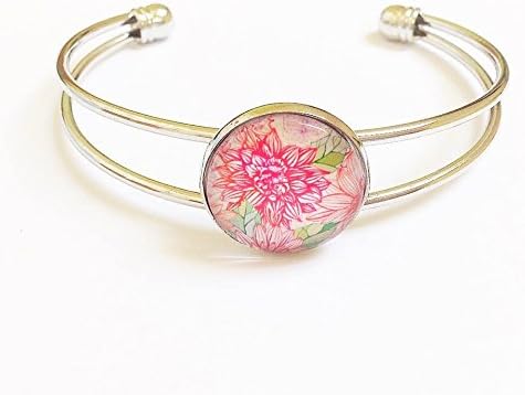 silver plated pink summer floral motif bangle ~ glass cabochon bracelet