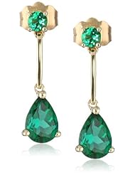 14k Yellow Gold Pear and Round Shape Created Emerald Drop Earrings