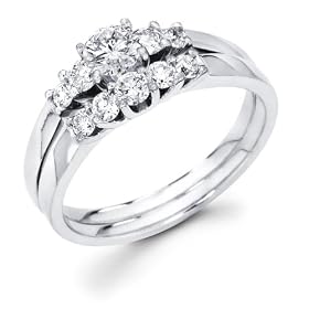 Size - 4 - 14k White Gold 5 Five Stone Round Diamond Engagement Bridal 2 Two Ring Set w/ Matching Wedding Anniversary Band (1/2 cttw, G-H Color, SI1 Clarity): Jewelry