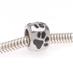 Silver Tone Large Hole Bead With Black Enamel Paw Prints Fits Pandora (1)