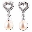 14K White Gold China Pearl and Diamond Heart Drop Earrings