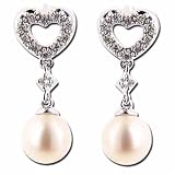 0.12 Ct.T.W. Sparkling Round Cut Diamonds, 6 mm China White Pearl, 14Kt. White Gold. China Pearl and Diamond Heart Drop Earrings