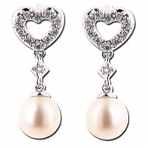 0.12 Ct.T.W. Sparkling Round Cut Diamonds, 6 mm China White Pearl, 14Kt. White Gold. China Pearl and Diamond Heart Drop Earrings