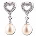 0.12 Ct.T.W. Sparkling Round Cut Diamonds, 6 mm China White Pearl, 14Kt. White Gold. China Pearl and Diamond Heart Drop Earrings