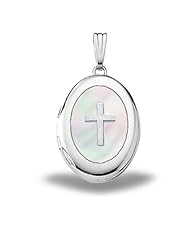 Sterling Silver Oval Mother of Pearl Cross Locket 5/8 inch x 3/4 inch Sterling Silver