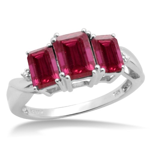 10k White Gold Octagon Created Ruby Diamond Three-Stone Ring (0.005 cttw, J-K Color, I2-I3 Clarity)