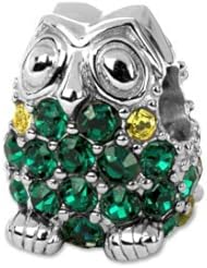 Sterling Silver Owl European Charm Bead with Emerald Green , Yellow Color Austrian Crystals, Fits Pandora, Chamilia, Jovana Bracelet