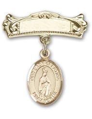 Gold Filled Baby Badge with Our Lady of Fatima Charm and Arched Polished Badge Pin