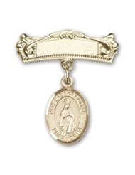 14K Gold Baby Badge with Our Lady of Fatima Charm and Arched Polished Badge Pin