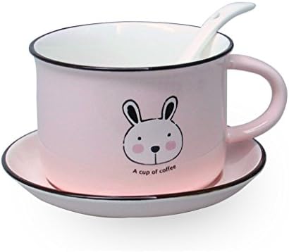 Pretty Housekeeper Bright Color Porcelain Tea Coffee Cup Set with Saucer and Spoon,Rabbit Print,4.2 oz