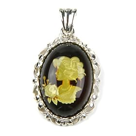 Certified Genuine Baltic Amber and Sterling Silver Cameo Oval Pendant by Baltic Amber
