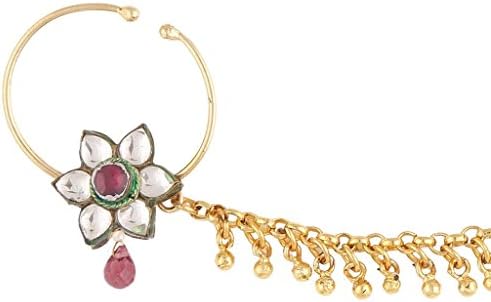 Sri Shringarr Women's Gold Finish With Kundan And Rhodolite Drop Nose Ring