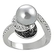 Silvertone Black and White Cubic Zirconia and Gray Faux Pearl Ring