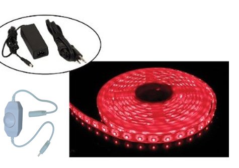 Flexible Waterproof LED Lighting Strip Bundle Includes RED 5 M/16.5ft LED Strip, 12v Power Adapter and Portable Dimmer by DBRLIGHT, KitM5KIT22
