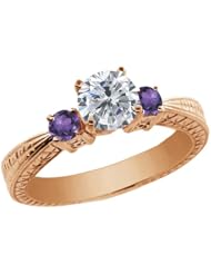 1.20 Ct Round H/I Diamond Purple Amethyst 18K Rose Gold 3-Stone Ring