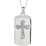 10k White Gold 18 Thin Box Chain and 15 16 (24mm) tall Gothic Cross on Dog Tag Pendant, w  0.10...