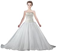 Organza/Satin Beaded Lace-Up Embroidered  Off the Shoulder  Ball Gown Wedding Dress 