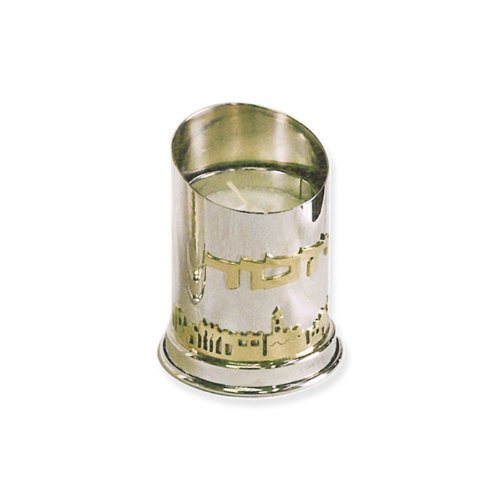 Sterling Silver Yizkor Candleholder with Slanted Top, Hebrew Text and Jerusalem