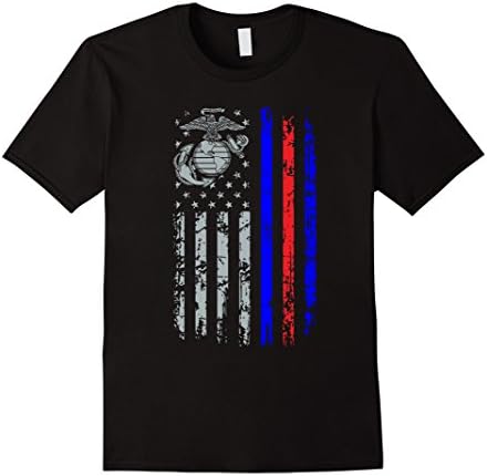 Men's Marine America Flag Blue Red line - Cool Marine T shirt Medium Black