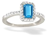14K White Gold Genuine Emerald-cut Blue Topaz and Diamond Ring