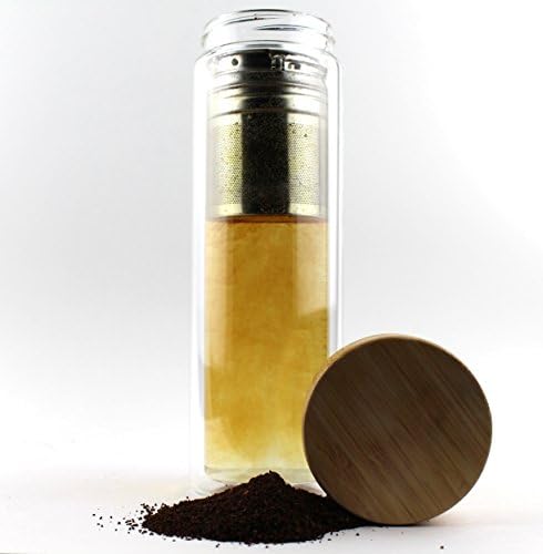 Double Walled Glass Infusion Bottle - Premium Fruit, Tea, Water and Coffee Infuser Tumbler with No Leak Bamboo Lid (Large - 450ml)