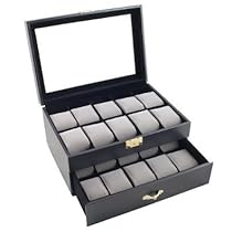 Black Classic Watch Case Display Box with Clear Glass Top Holds 20 Watches