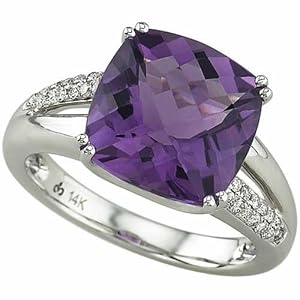 14Kt White Gold Fashion Cushion Amethyst and Diamond Ring