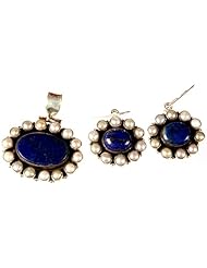 Lapis Lazuli and Pearl Pendant with Matching Earrings Set - Sterling Silver