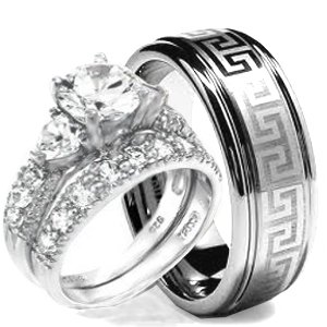 Wedding Ring set, His & Hers 3 Pieces, Hearts 925 STERLING SILVER & TUNGSTEN Engagement Set, AVAILABLE SIZES men's 7,8,9,10,11,12; women's set: 5,6,7,8,9,10. CONTACT US BY EMAIL THROUGH AMAZON WITH SIZES AFTER PURCHASE!
