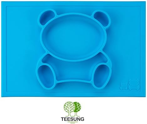 Silicone Baby Feeding Placemat - Portable, BPA-Free Dinnerware Dish with Cute Bear Design by TEESUNG- Warm Food Holder for Toddlers, Kids, Babies &amp; Children Plates - Blue