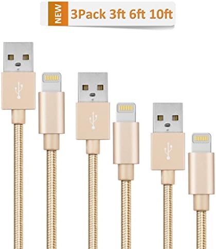 Iphone cable,Tavastar 3pack 3ft 6ft 10ft Nylon Braided High Speed lightning Cable For iPhone 6s/6s Plus/6/6 plus/5s/5c/5, iPad Pro, Air 2, Air,iPad mini 4 3 2, iPod touch 5th/6th/ nano 7th (gold)