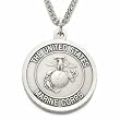 Sterling Silver 1" Round Engraved U.S. Marines Corps Medal w/ St. Michael on Back on 24" Chain
