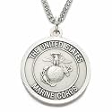 Sterling Silver 1" Round Engraved U.S. Marines Corps Medal w/ St. Michael on Back on 24" Chain