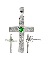 Sterling Silver Swirl-designed Latin Cross Earrings (16mm tall) & Pendant (28mm tall) Set, w/ Bezel Set Brilliant Cut Emerald-colored CZ Stones