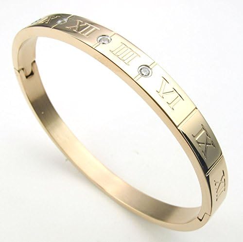 [PW] Womens Cubic Zirconia Stainless Steel Bracelet Roman Numerals Numbers Bangle Rose Gold